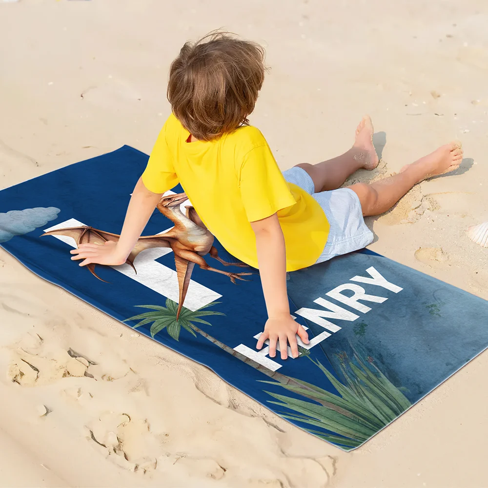 Personalized Cute Dinosaur Quick Dry Oversized Beach Towel with Name and Initial Travel Essential Summer Vacation Birthday Gift for Kids
