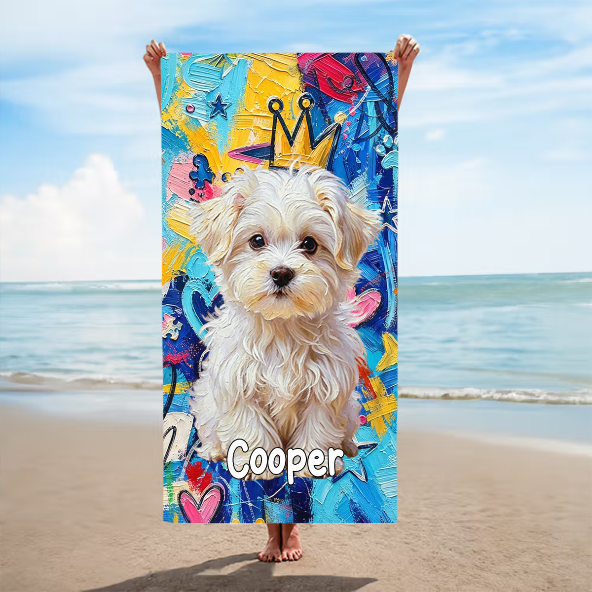 Personalized Oil Painting Pet Photo Beach Towel with Name Birthday Housewarming Gift for Pet Owners