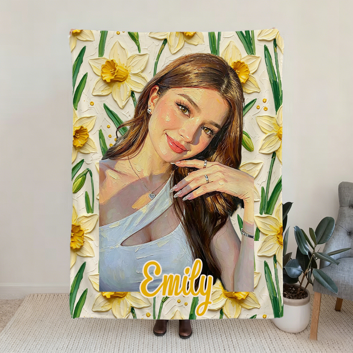 Personalized Birth Flower Flannel Blanket Oil Painting Style Custom Photo and Name Birthday Gift for Her