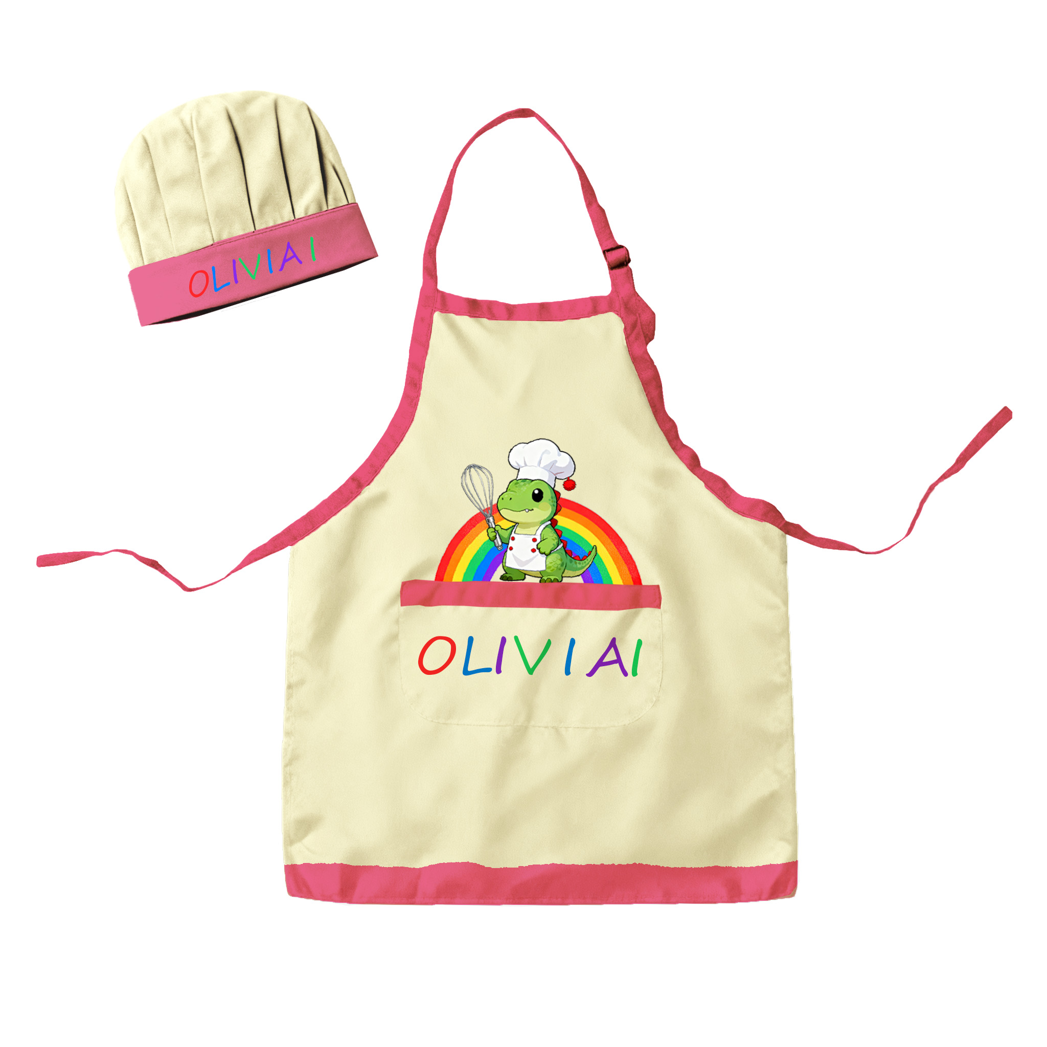 Personalized Rainbow Dinosaur Adjustable Kid Apron Chef Hat Set with Pocket and Name for Cooking Baking Birthday Holiday Gift for Kids