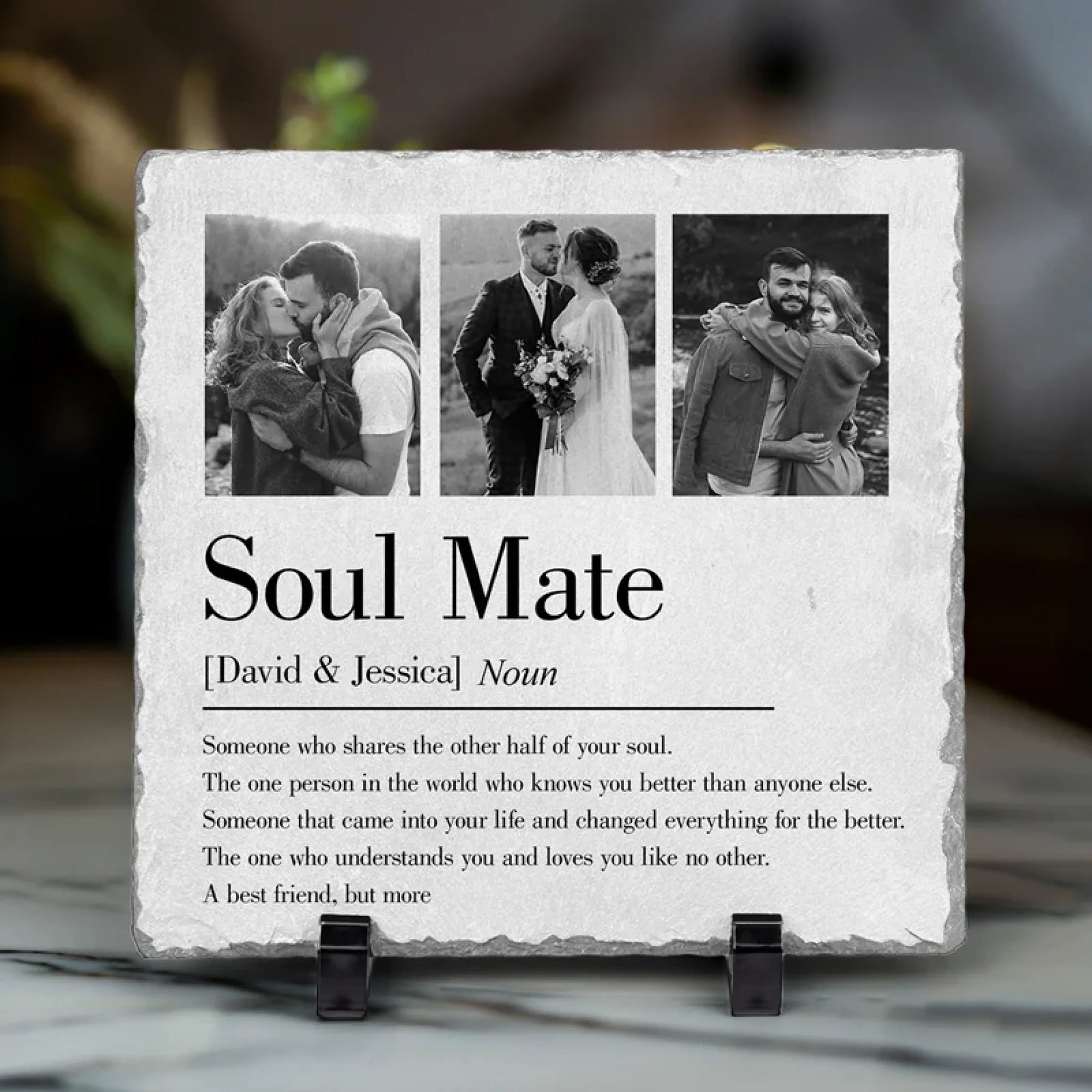 Personalized Couple Photo Soulmate Square Shaped Stone with Stand Custom Newlyweds Photo Stone Wedding Gift Christmas Valentines Day Gift for Him Her