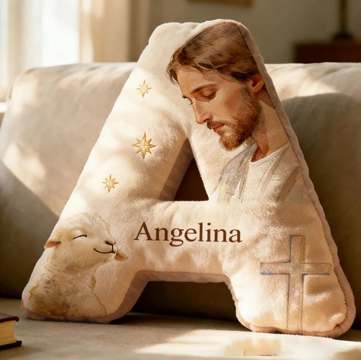 Personalized Jesus Lamb Letter Pillow with Custom Name Religious Home Decor Graphic 3D Print Pillow Christian Gift Faith Gift 