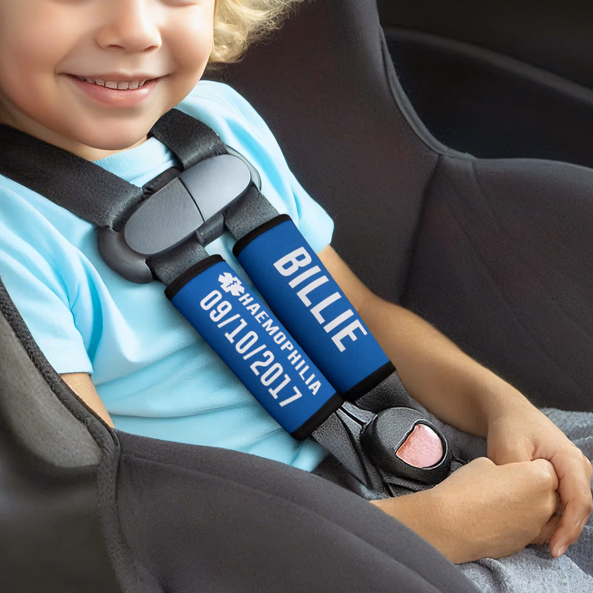 Personalized Multicolor Emergency Alert Carseat Straps with Name and Text Set of 2 Birthday Caring Gift for Allergy Autism Kids Family