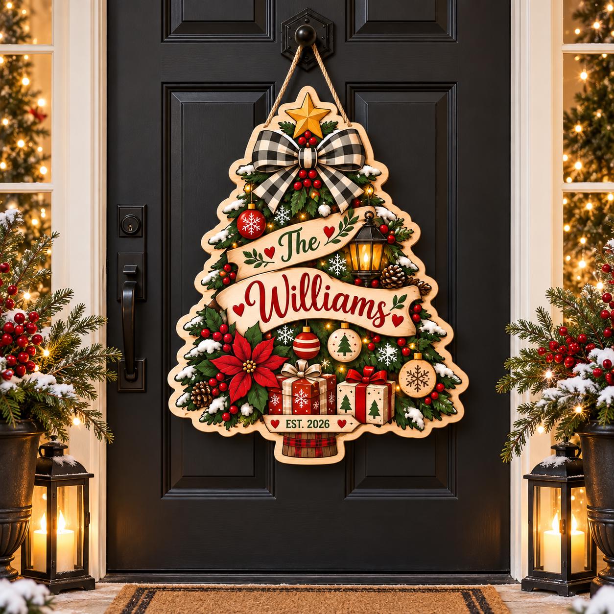 Personalized Christmas Tree Door Hanger, Custom Family Name Door Sign, Farmhouse Holiday Front Door Decor, Family Christmas Gift