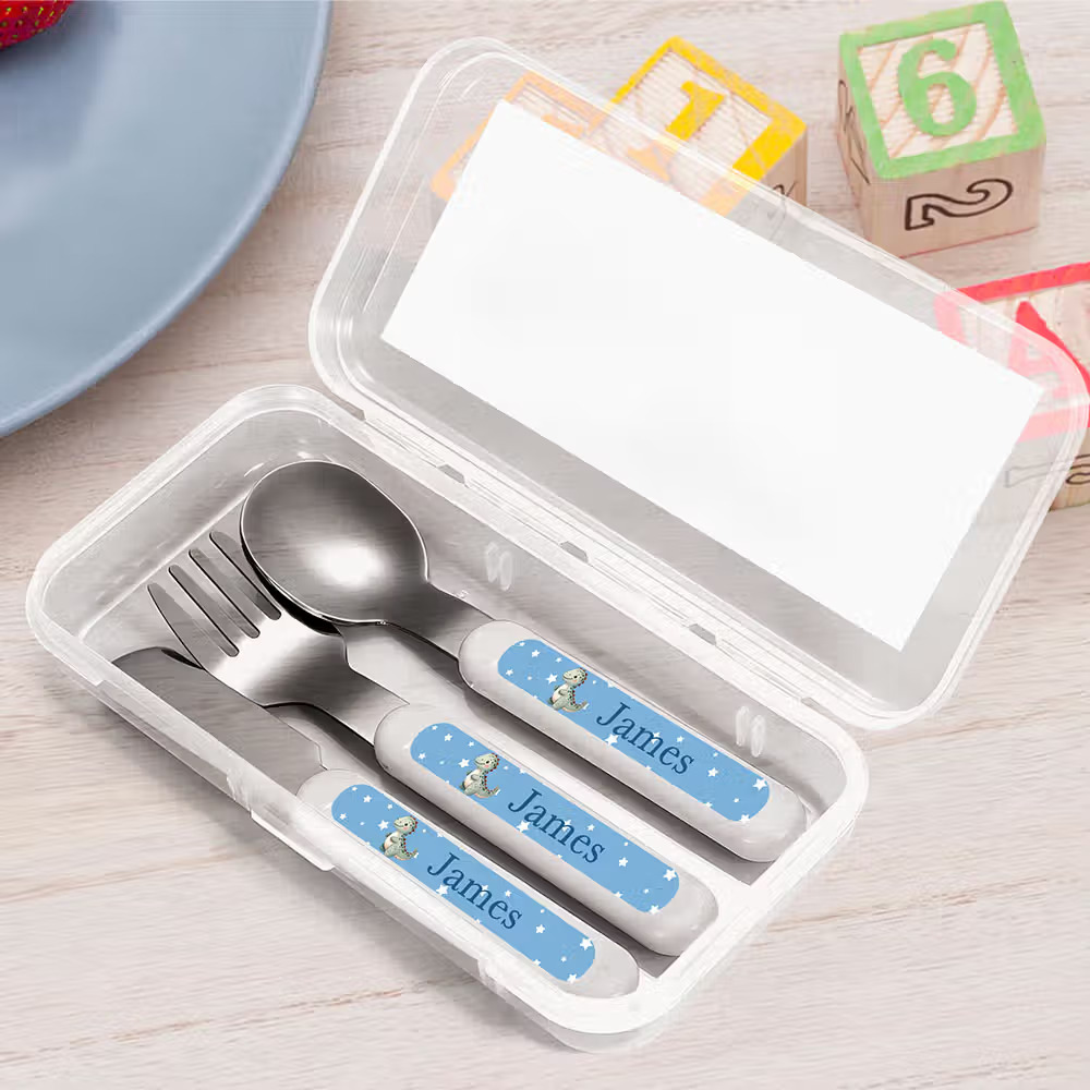 Personalized Cartoon Animal Safe Stainless Steel Kid’s Fork Spoon Knife 3 Pcs Cutlery Set with Initial Case and Name Birthday Gift 