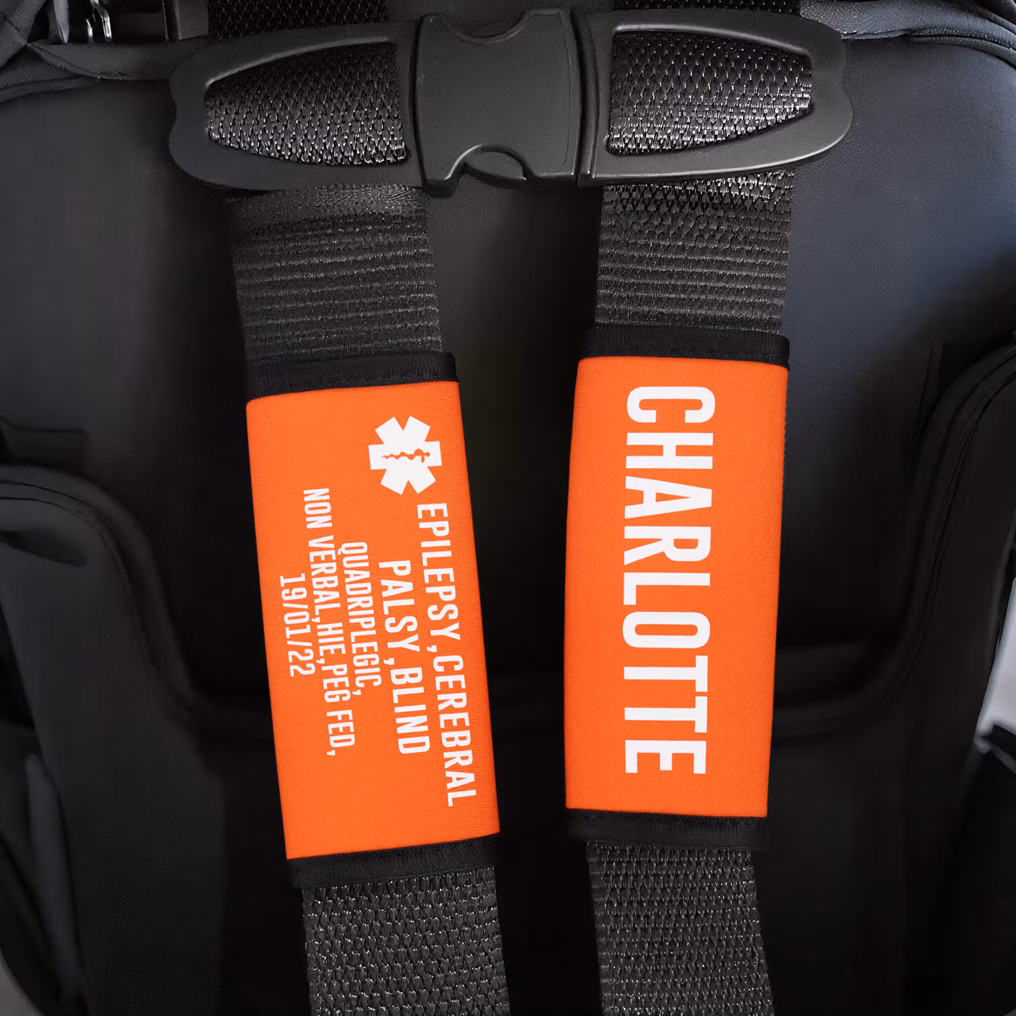 Personalized Multicolor Emergency Alert Carseat Straps with Name and Text Set of 2 Birthday Caring Gift for Allergy Autism Kids Family