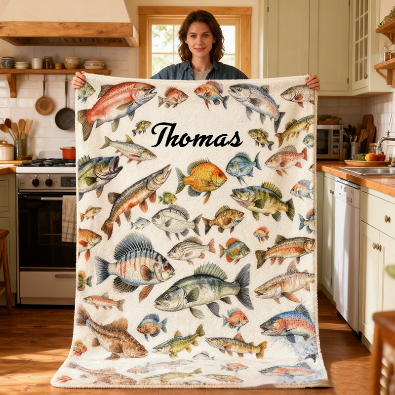 Personalized Fishing Blanket Colorful Fish Design Custom Name Soft and Cozy Throw Perfect Gift for Anglers and Fishermen