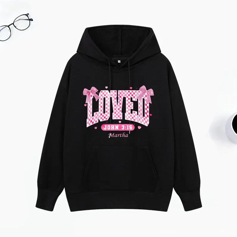 Personalized Checkered Loved John 3:16 Bible Verse Classic Hoodies with Name Retro Hoodies Religious Gift Valentines Day Gift for Couple