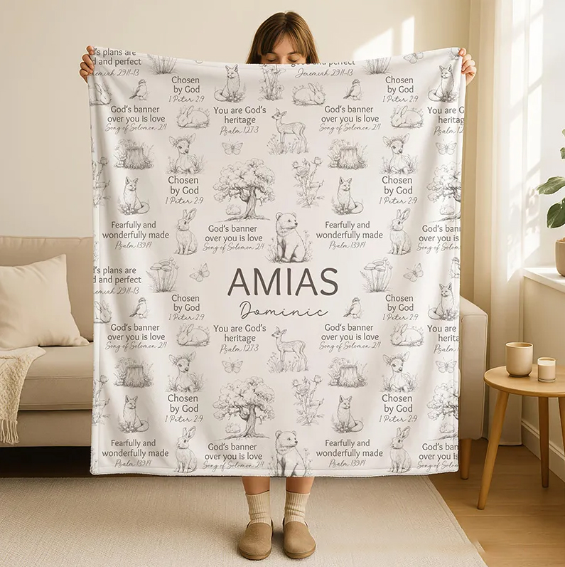 Personalized Woodland Animals Bible Verse Soft Throw Blanket with Custom Name Baby Shower Nursery Prayer Baby Gift Religious Gift for Kids