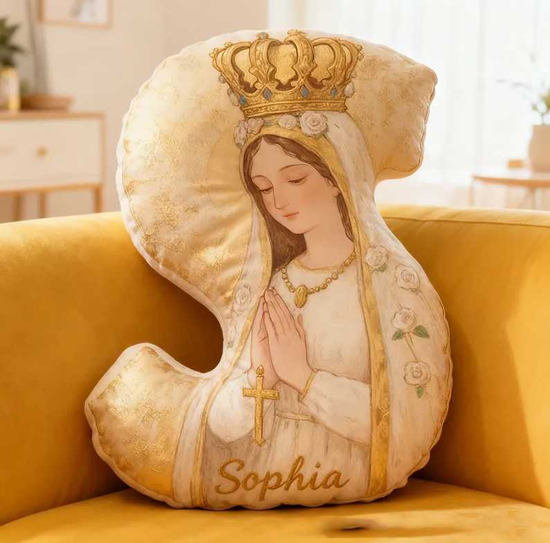 Personalized Virgin Mary Letter Pillow with Custom Name Religious Home Decor Catholic Gift for Her Prayer Gift Faith Gift Crown Cross Graphic 3D Print