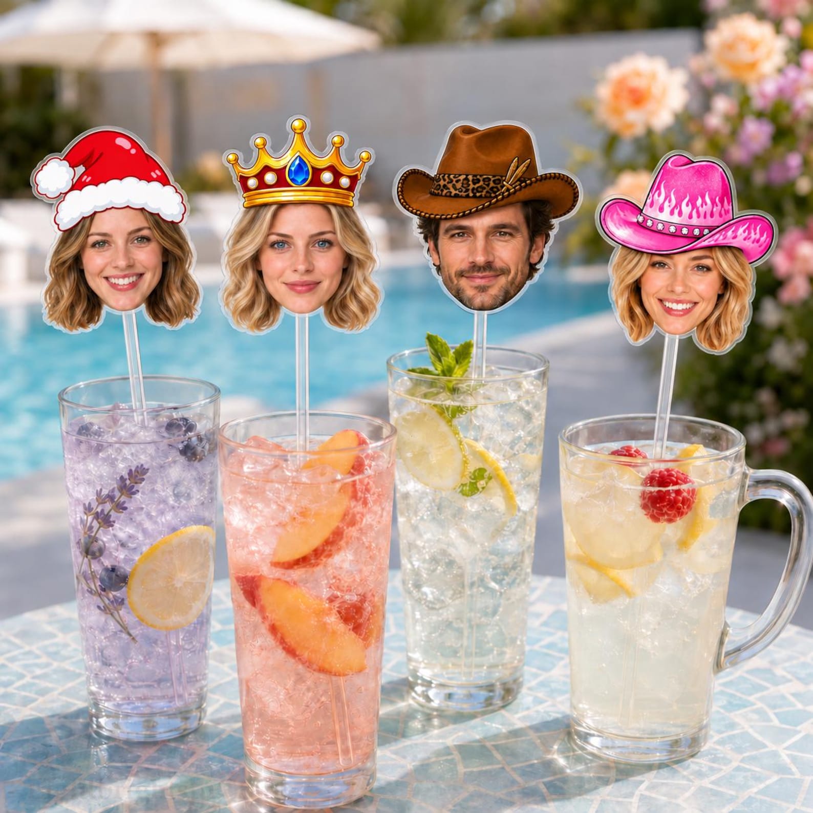 Personalized Photo Face Cocktail Stirrers, Party Hat Drink Decorations (Acrylic)
