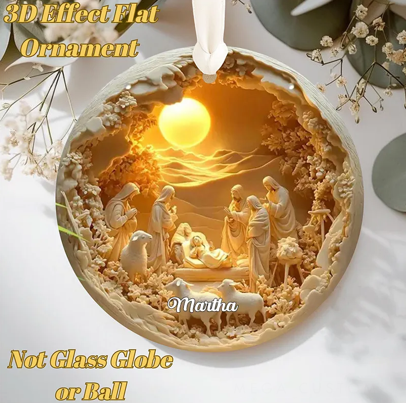Personalized Nativity Scene Ornament with Name Holy Family Christmas Keepsake Gift 3DEffect Flat Ornament Not Glass Globe Religious Gift for Christmas