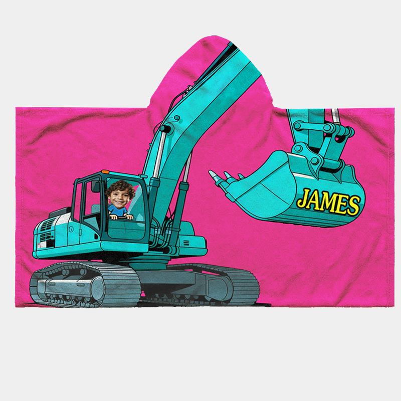Personalized Vibrant Modern Excavator Print Hooded Blanket Custom Name and Photo Practical Fun Gift for Kids Indoor Outdoor