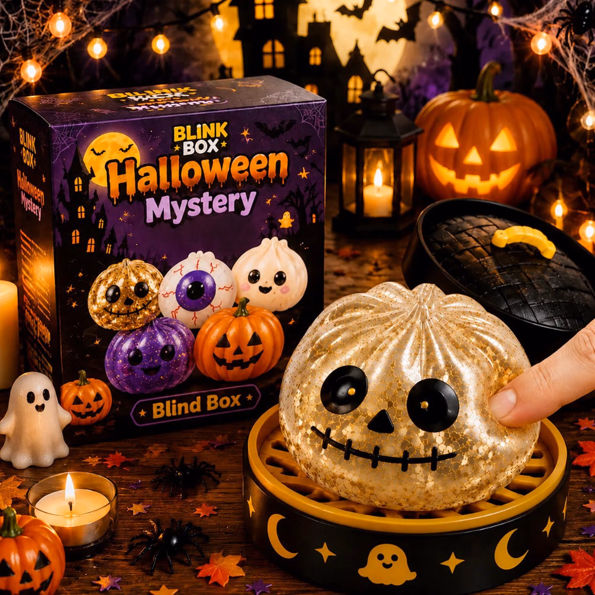 Halloween Mystery Glitter Dumpling Squishy Box Set Ghost Pumpkin Eyeball Design Soft Stress Relief Fidget Toy Party Favor Gift