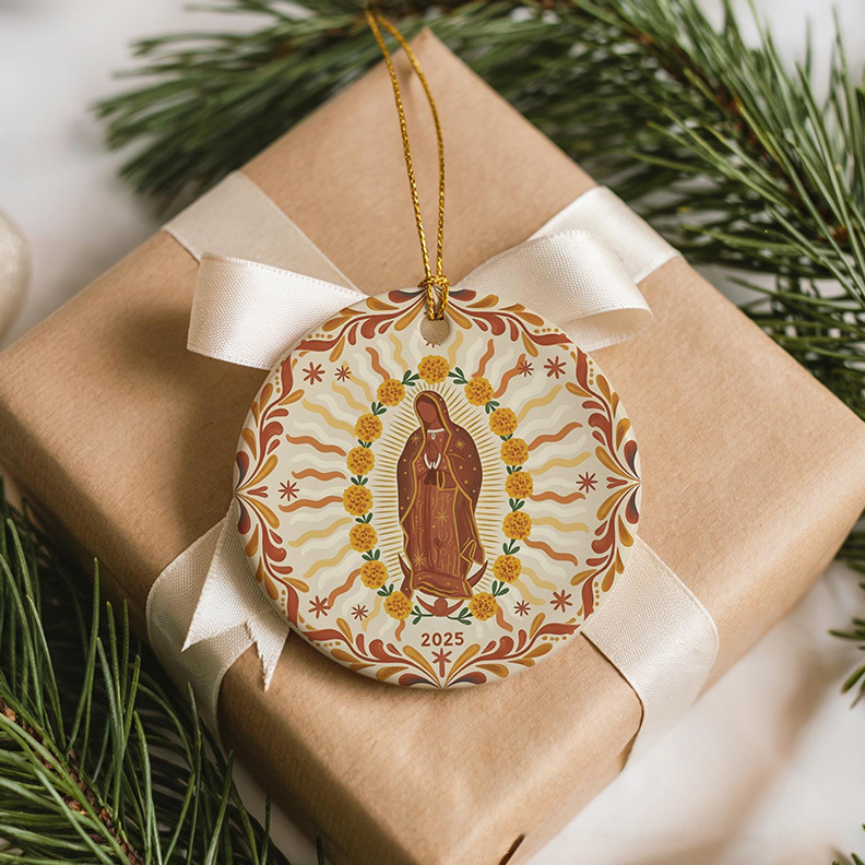 Personalized Our Lady of Guadalupe Marigolds Ceramic Ornament with Year Religious Gift Christmas Home Decor Catholic Gift
