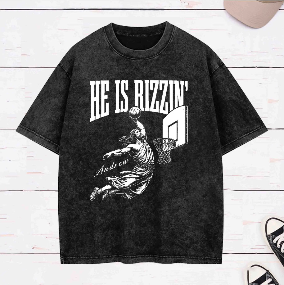 Personalized Character He is Rizzin Washed T-Shirt with Name Birthday Easter Gift for Christian