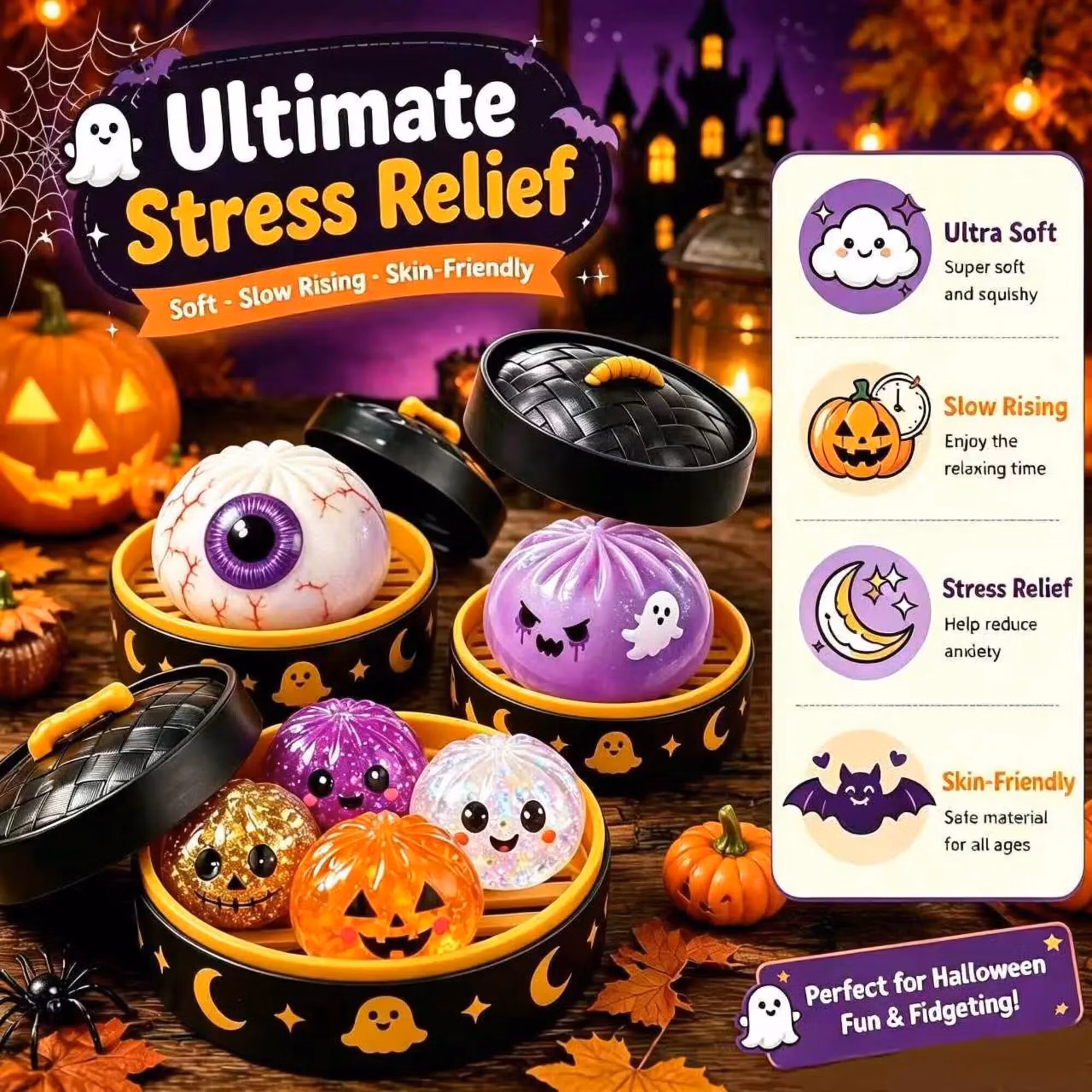 Halloween Mystery Glitter Dumpling Squishy Box Set Ghost Pumpkin Eyeball Design Soft Stress Relief Fidget Toy Party Favor Gift