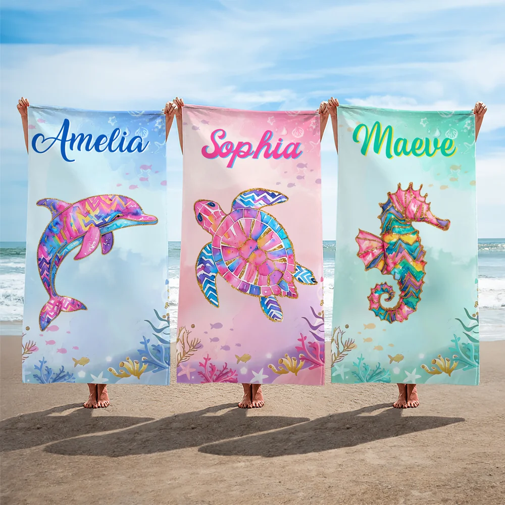 Personalized Watercolor Ocean Animals Oversized Quick Dry Beach Towel with Name Summer Vacation Accessory Birthday Gift for Family Friends