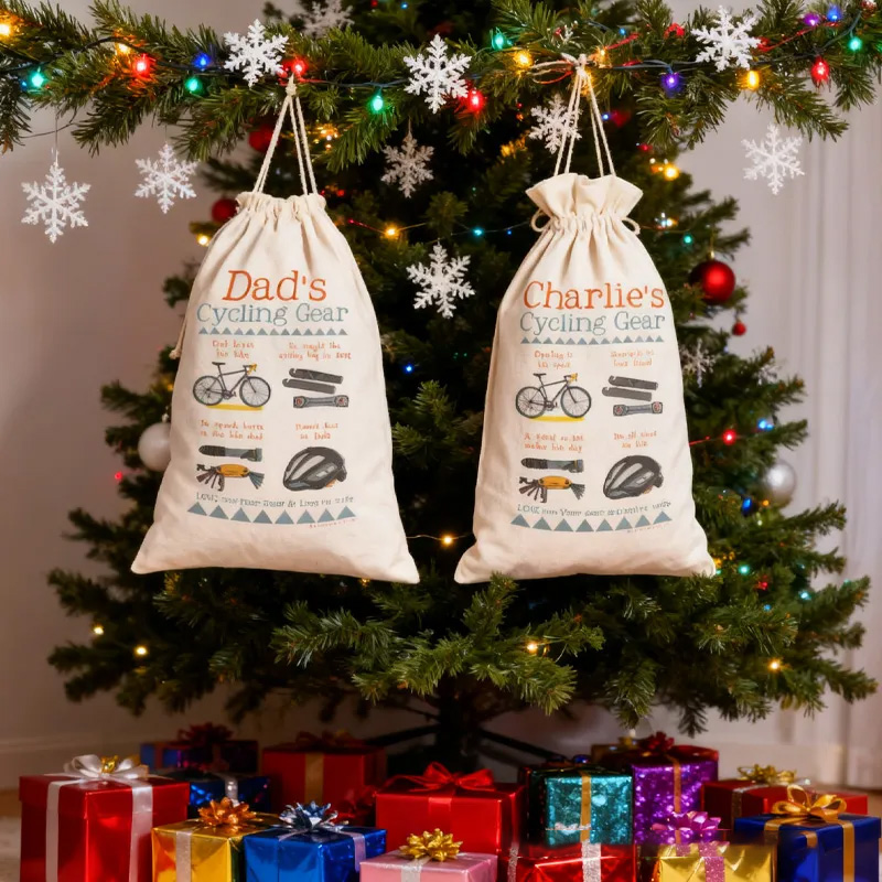 Personalized Merry Christmas Sack Family Christmas Gift Wrap Bag Cycling Storage Sack Mountain Bike Gift Cotton Cycling Kit Sports Bag Gift for Cyclist Bicycle Biker Riding Lovers