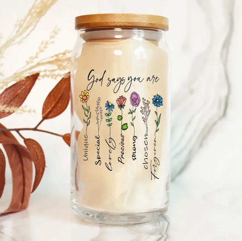 Personalized Wild Flower Glass Coffee Cup with Name Custom Christian Faith Birth Flower Tumbler Party Favor Gift for Women Girls Trip Gift for Her