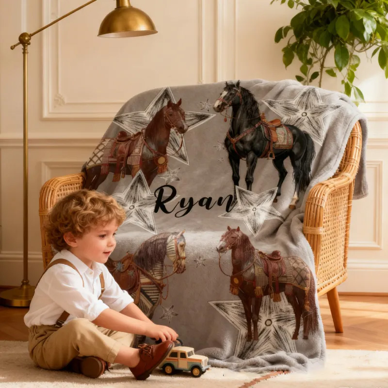 Personalized Riding Star Blanket Equestrian Horse Custom Name Festive Stars Decor with French Countryside Gifts Family Blanket for Riding Lovers Equestrian Lovers