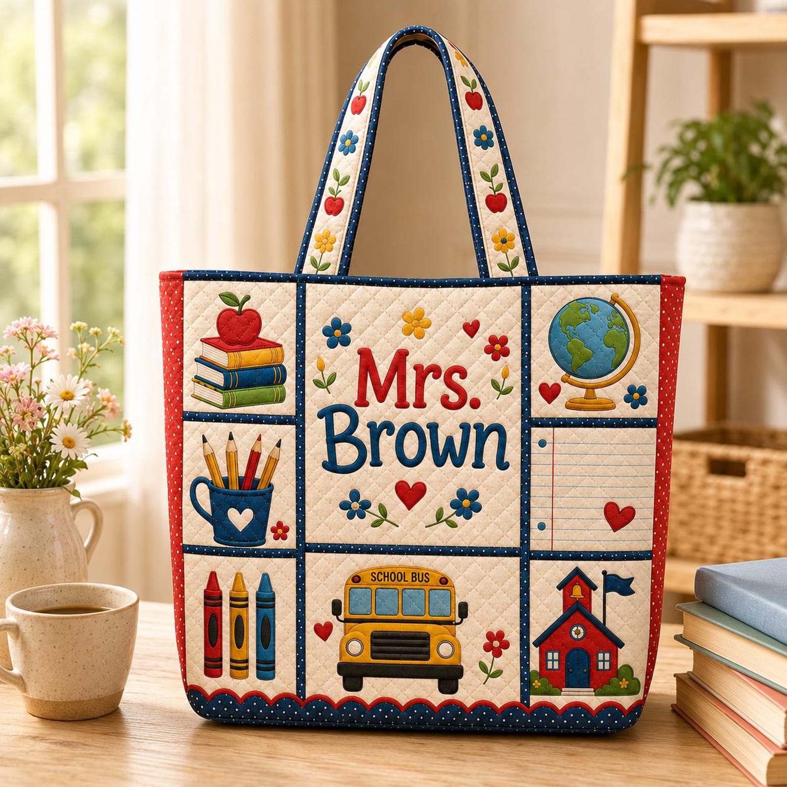 Personalized Teacher Quilted Tote Bag Custom Name School Bus Classroom Bag Teacher Appreciation Gift