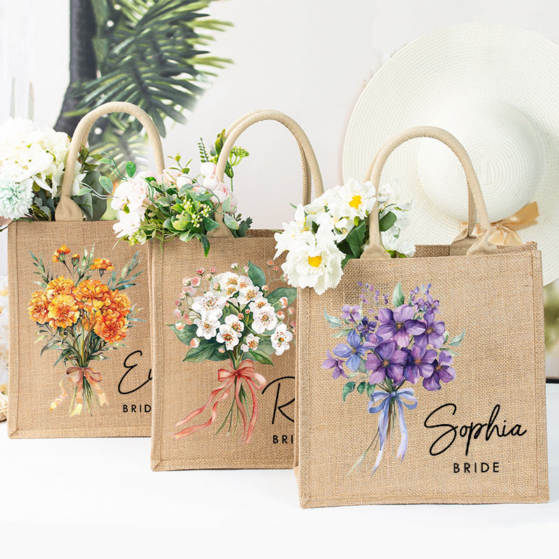 Personalized Bridesmaid Elegant Birth Flower Burlap Tote Bag Bride Month Flower Wedding Beach Jute Tote Bag Bachelorette Party Bridal Shower Gift