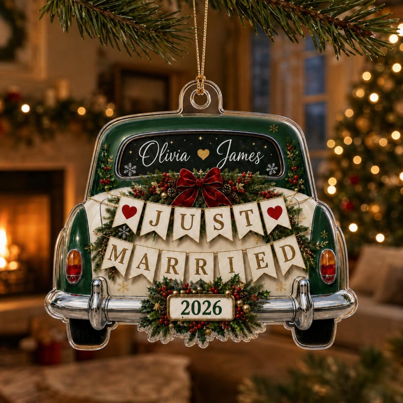 Personalized Just Married Wedding Car Acrylic Ornament 2026, Custom Couple Names Ornament, First Christmas Keepsake, Newlywed Gift