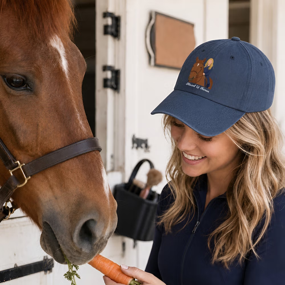 Personalized Multicolor Cartoon Horse & Rider Baseball Cap with Name, Custom Photo Print, Everyday Wear Equestrian Hat Gift for Friends and Horse Lovers