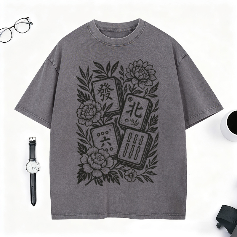 Retro Mahjong Floral Washed T-Shirt Gift for Mahjong Lovers