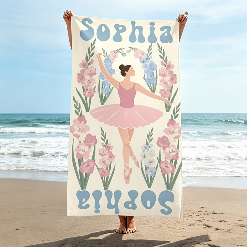 Personalized Multicolor Birth Flower Quick Dry Oversized Beach Towel with Name Summer Vacation Pool Party Gift for Women Dance Lovers Ballet Lovers