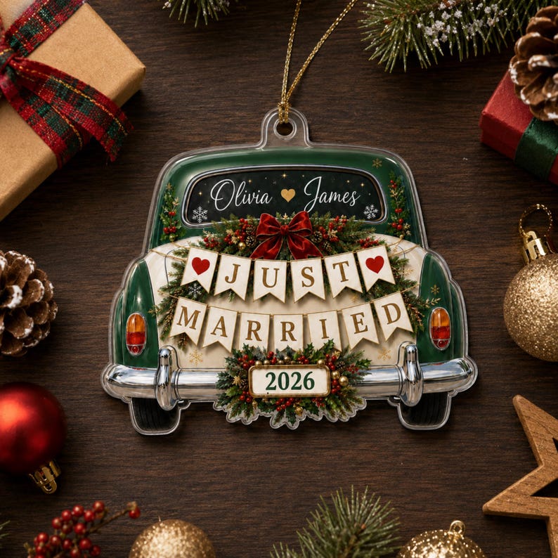 Personalized Just Married Wedding Car Acrylic Ornament 2026, Custom Couple Names Ornament, First Christmas Keepsake, Newlywed Gift