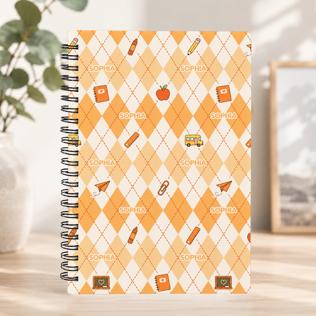 Personalized Pastel Argyle School Icons Pattern Pencils Books Apples Stars Hearts Back To School Spiral Notebook