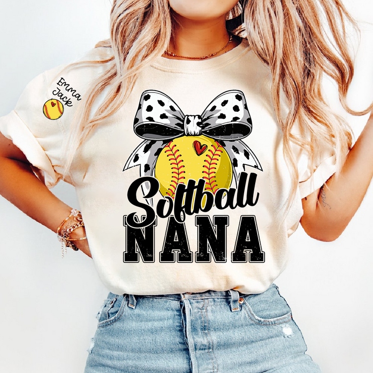 Personalized Softball Nana Shirt – Custom Grandma T‑Shirt with Bow and Name, Gift for Proud Softball Grandma