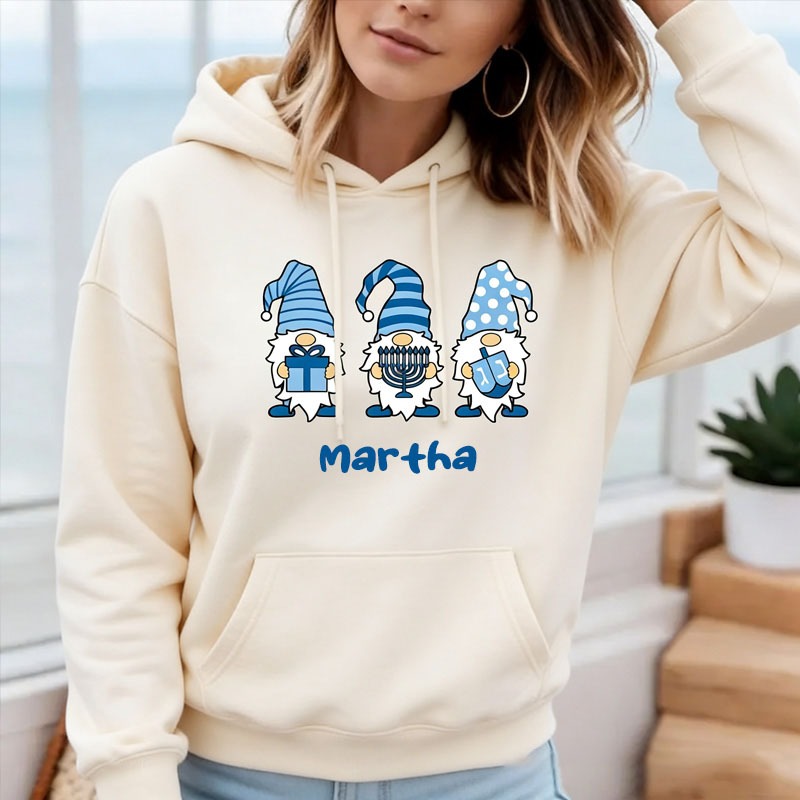 Personalized Gnomes Hanukkah Classic Hoodies with Name Unisex Hoodies Religious Gift Happy Hanukkah Gift for Jewish People