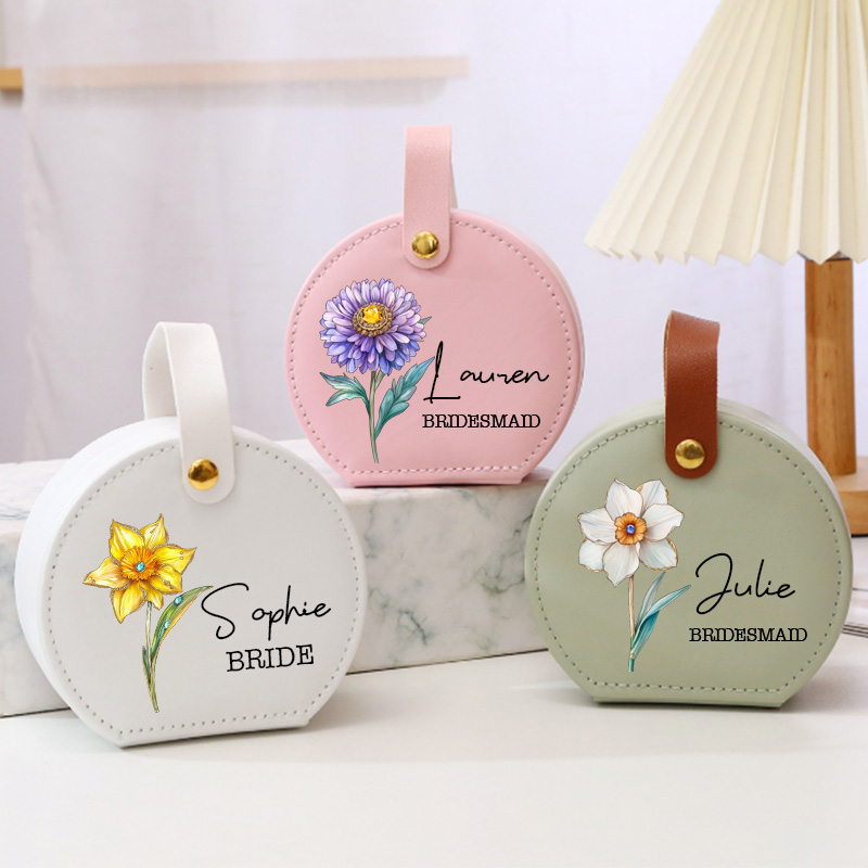 Personalized Retro Oil Painting Birth Flower with Birthstone Jewelry Box Wedding Jewelry Box For Bride Bridesmaid