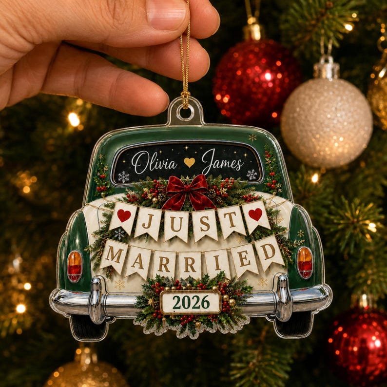 Personalized Just Married Wedding Car Acrylic Ornament 2026, Custom Couple Names Ornament, First Christmas Keepsake, Newlywed Gift