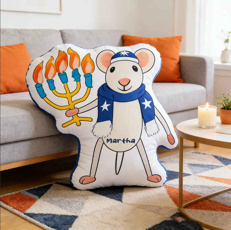 Personalized Hanukkah Mouse Pillow with Custom Name Cute Jewish Holiday Decoration Festive Winter Decor Kids Dreidel Party Favor Happy Hanukkah Gift