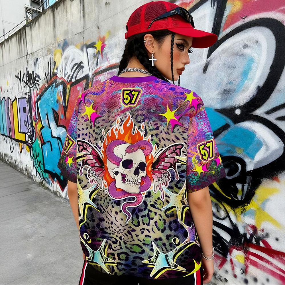 Personalized Street Skull Jersey – Custom Name & Number Neon Leopard Graphic Shirt