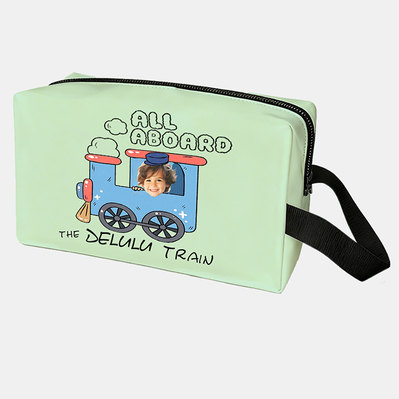 Personalized Cartoon Train Conductor Custom Kids Name and Face Toiletry Bag Design for Kids Travel Gifts and Daily Use