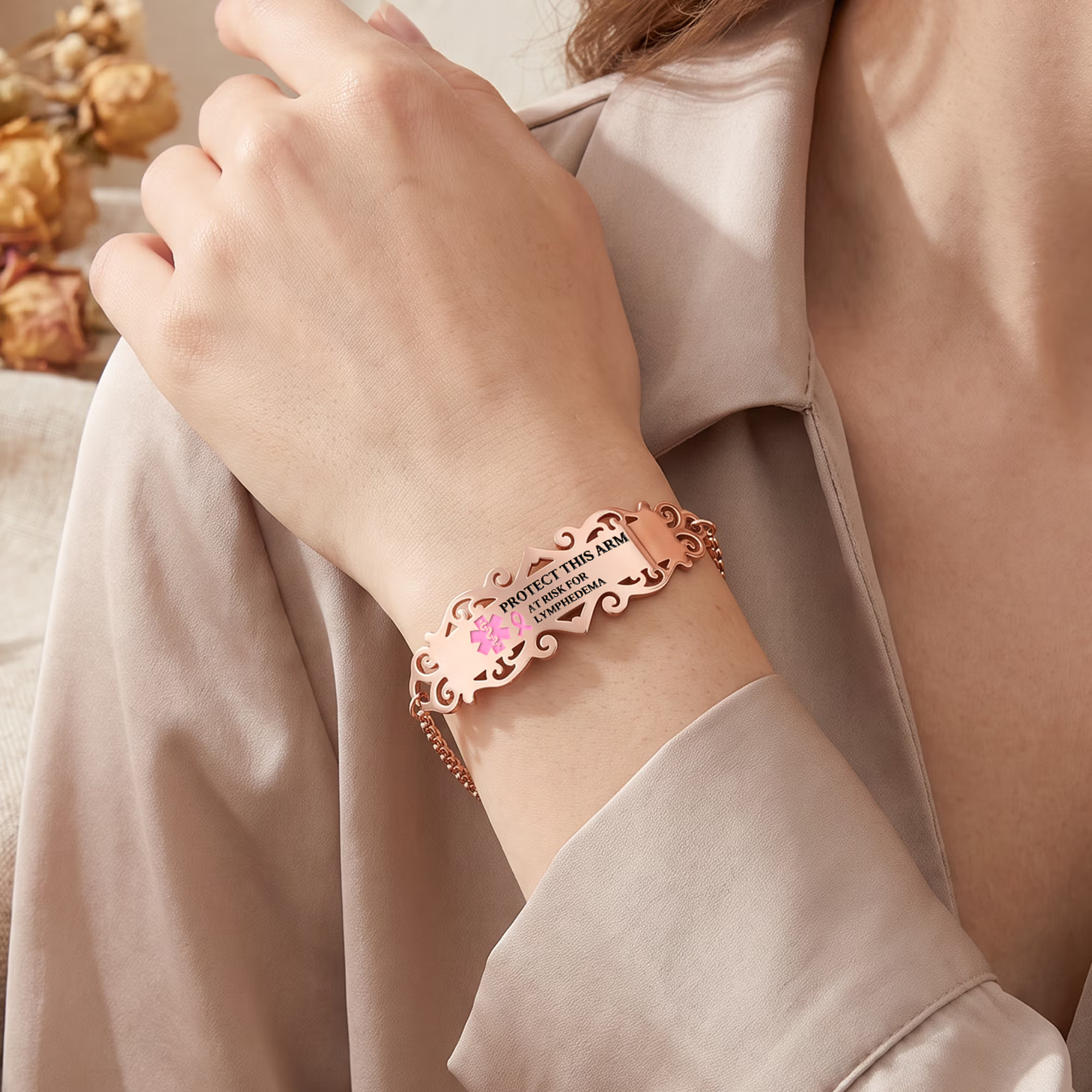 Personalized Pink Ribbon Bow Lymphedema Medical Alert Bracelet with Engraved Text and Title Emergency Jewelry Care Gift for Breast Cancer Woman