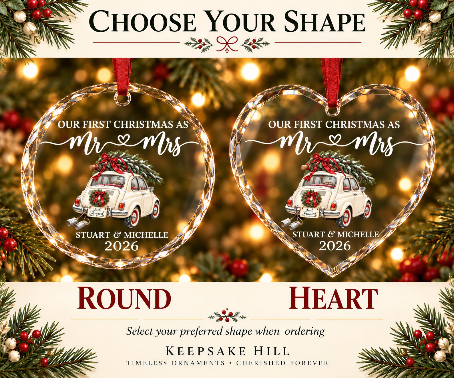 Personalized Just Married Car Ornament,Mr & Mrs Ornament,  First Christmas Married Crystal Glass Heart, Newlywed Christmas Gift