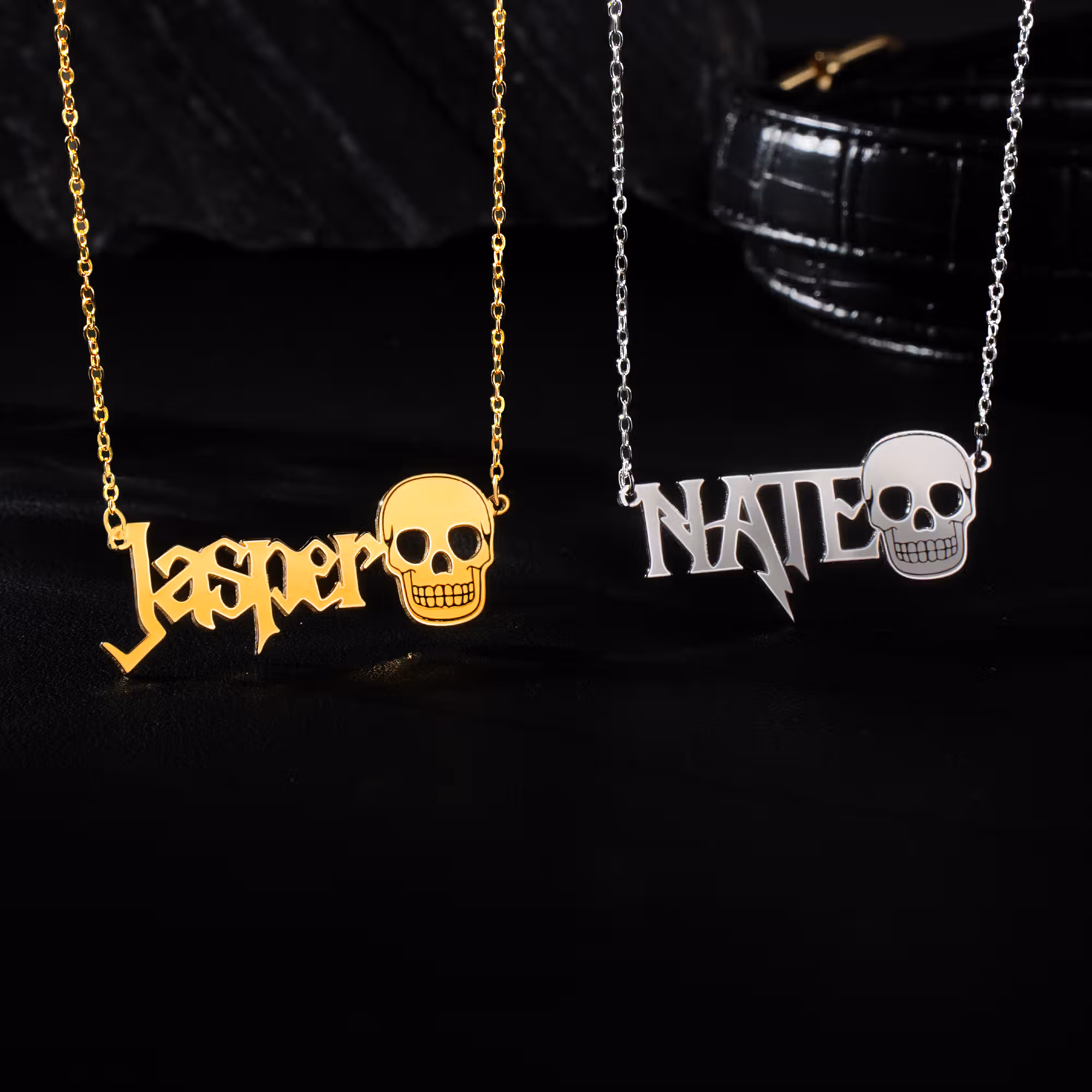 Personalized Skull Metal Rock Necklace with Name Stylish Jewelry Birthday Christmas Gift for Rockers Gothic Lovers