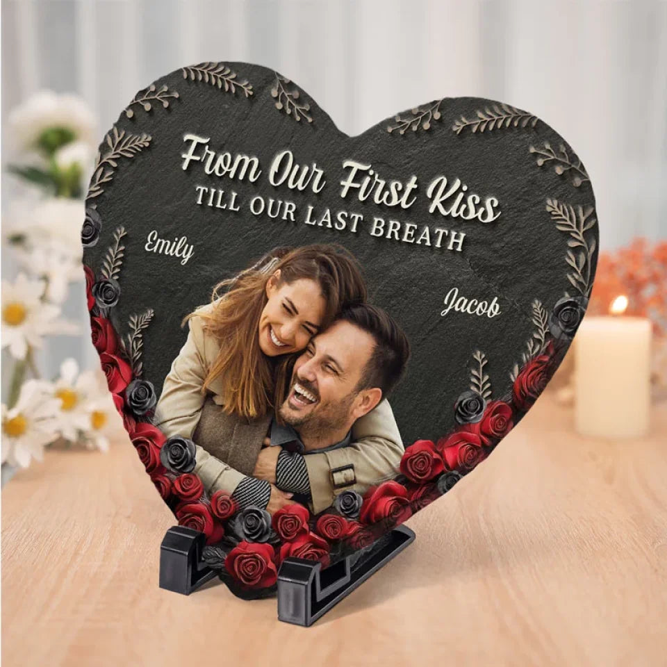 Personalized Couple Photo Rose My Favorite Place in All the World is Next to You Heart Shaped Stone with Stand Newlyweds Christmas Valentines Day Gift
