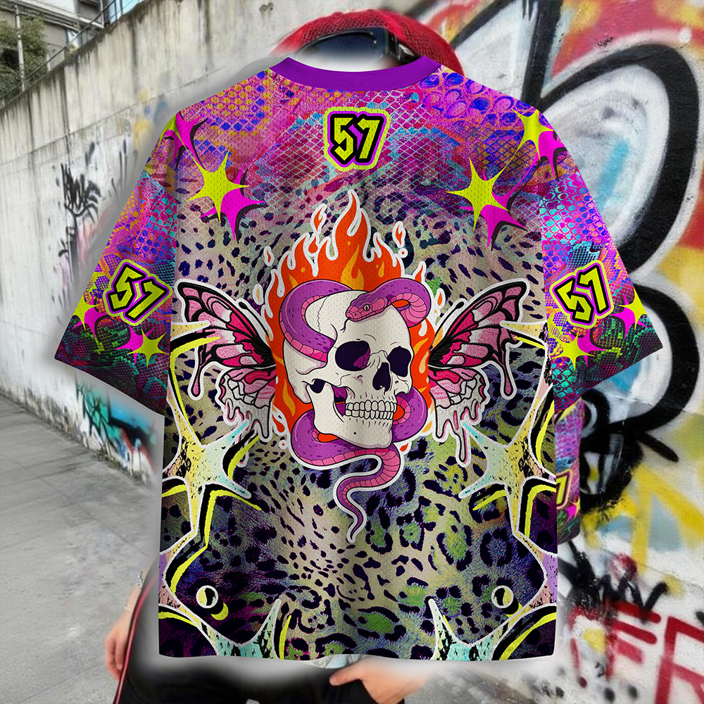 Personalized Street Skull Jersey – Custom Name & Number Neon Leopard Graphic Shirt