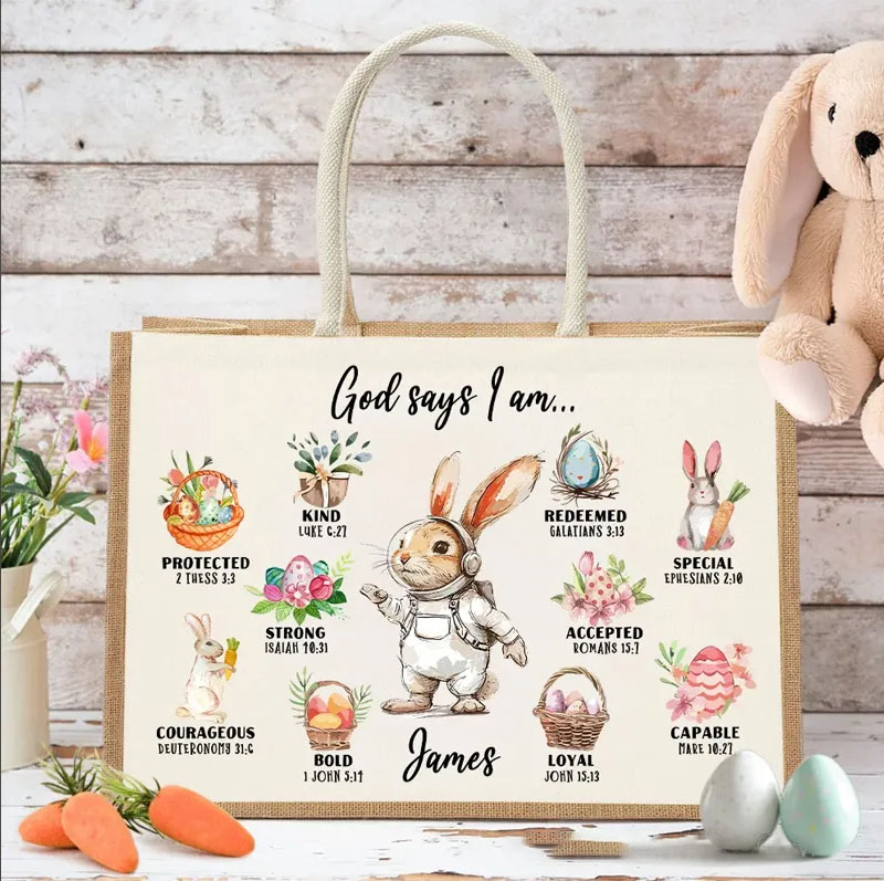 Personalized God Said I Am Cute Dream Job Bunny Bible Jute Tote Bag with Name and Canvas Pocket Easter Birthday Christian Gift for Kids