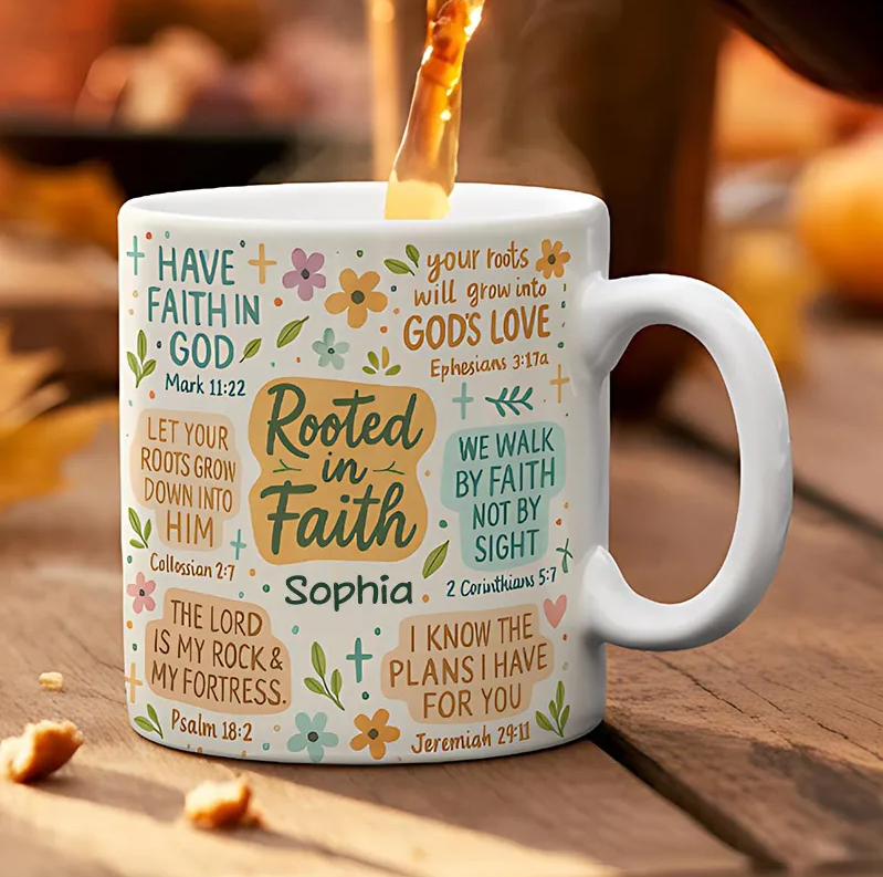 Personalized Rooted in Faith Bible Verse Ceramic Mug with Name Jesus Encouragement Coffee Mug Religious Christian Gift