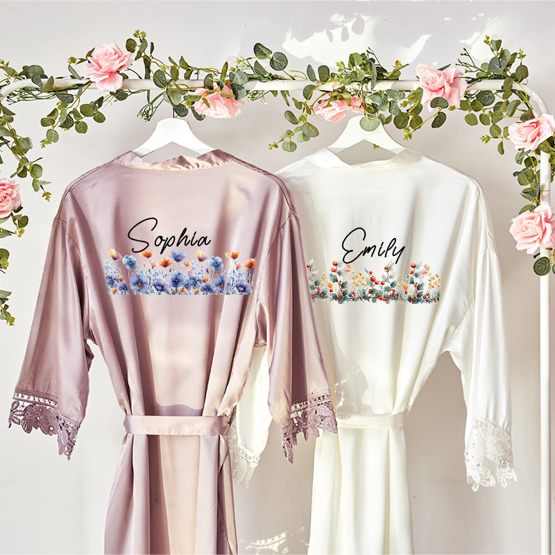 Personalized Birth Flower Satin Lace Trim Robe with Name and Date Bachelorette Party Bridesmaid Wedding Gift for Her