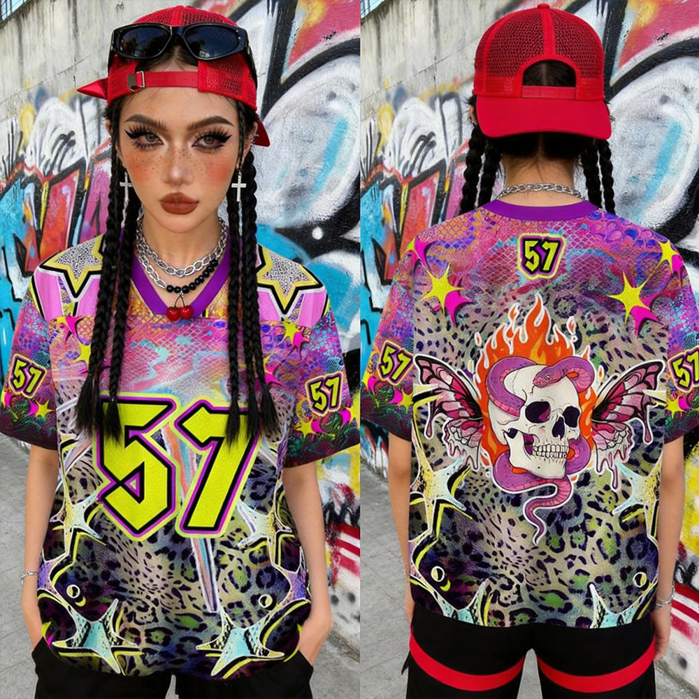Personalized Street Skull Jersey – Custom Name & Number Neon Leopard Graphic Shirt
