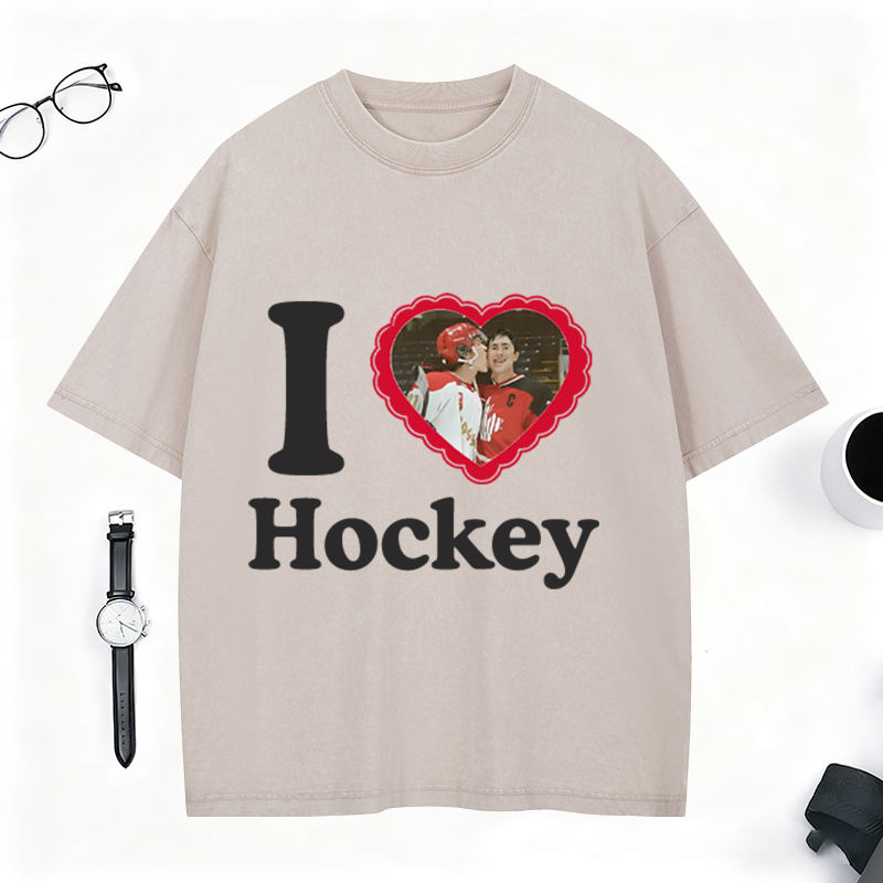 Personalized I Love Hockey Washed T-Shirt, Custom Player Photo Heart Graphic Tee for Ice Hockey Fans